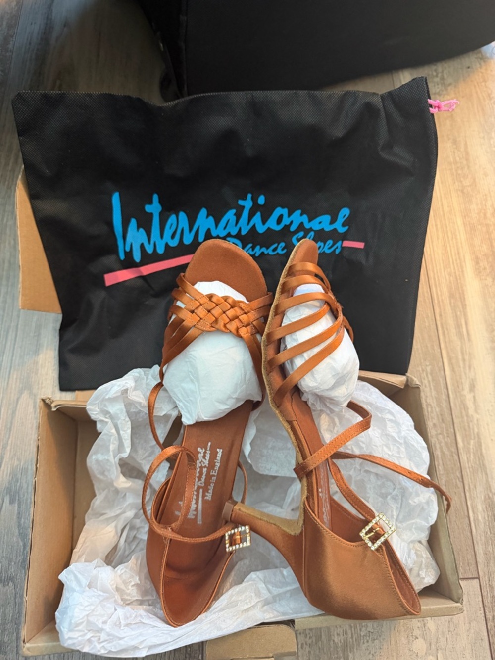 International Dance Shoes Elena Tan Satin Ballroom/ Salsa Heels Size 8 UK Wide